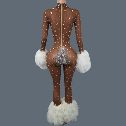 Sparkly Rhinestone & Feather Cuffed Jumpsuit Stage Performance Catsuit Costume