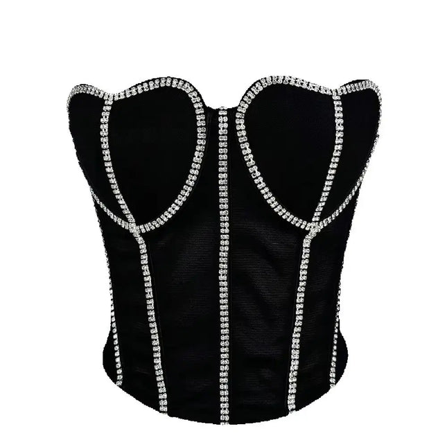 Black Strapless Diamond Embroidered Mesh Bustier Corset Top Stage Party Bralette