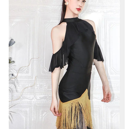 Black High-Neck Short-Sleeve Bodysuit & Gold Fringe Skirt Latin Dance Costume Set