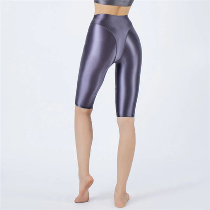 Oil Glossy High-Stretch Knee-Length Shorts Satin Shine Performance Biker Shorts