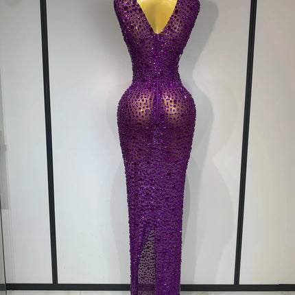 Sparkly Rhinestone Sleeveless Maxi Long Dress See-Through Sheer Mesh Stage Outfit