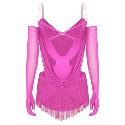 Sparkly Rhinestone & Tassel Fringe Dance Leotard with Gloves Two-Piece Stage Costume