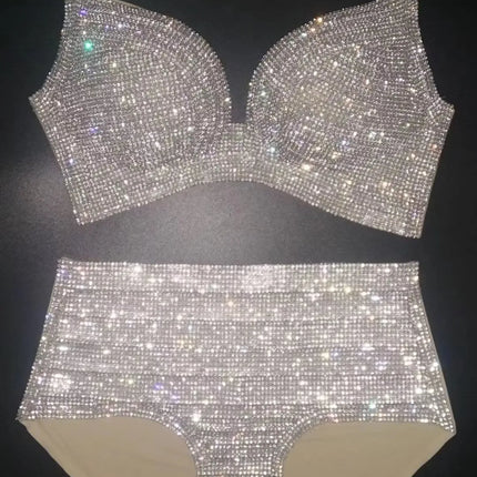 Dazzling Shimmer Crystal Bikini & High-Waist Dance Performance Costume Set
