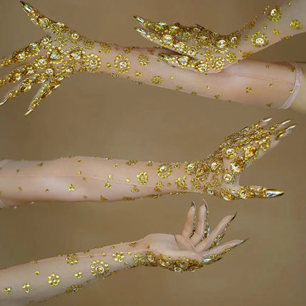 The Stardust Golden Empress – Luxurious Stretch Gold Rhinestone Mesh Opera Gloves