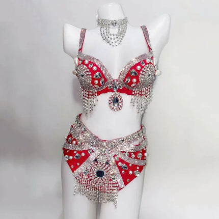 Sparkly Rhinestone Beading Tassel Bikini Sexy Nightclub Stage Wear Fringe Bra High Waist Short DJ Rave Outfit Nightclub Costume