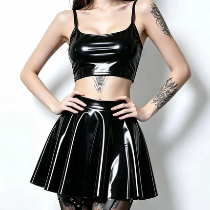 Gothic PU Leather PVC Shiny Flared Pleated Mini A-Line Skirt