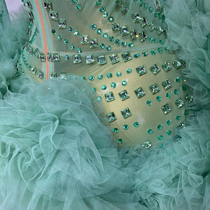 Luxury Green Diamonds Mesh See-Through Long Sleeve Jumpsuit Stage Performance Costume