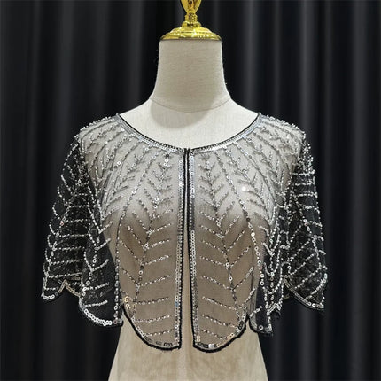 Sparkly Sequin & Beaded Leaf Mesh Capelet Evening Shawl Bolero Jacket