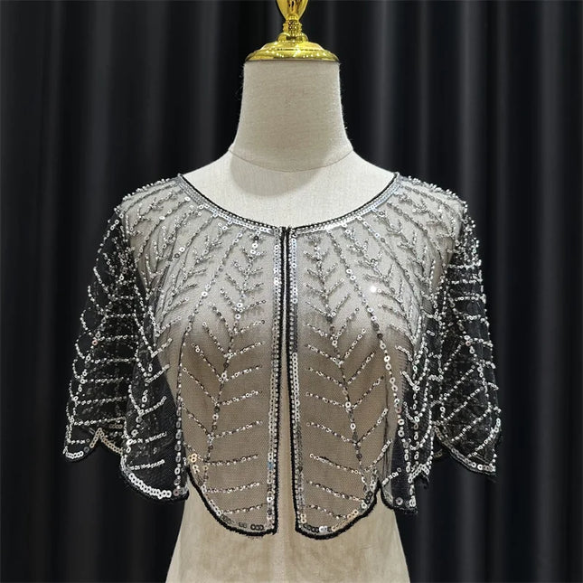 Sparkly Sequin & Beaded Leaf Mesh Capelet Evening Shawl Bolero Jacket