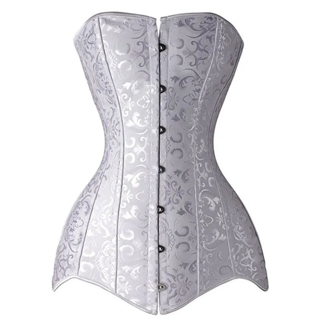 Steel Boned Long Torso Overbust Corset Top Gothic Vintage Floral Brocade Bustier