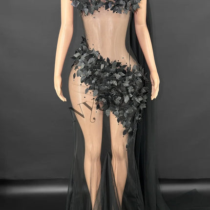 Sheer Rhinestone Applique Evening Gown Long Tail Showgirl Stage Performance Dress