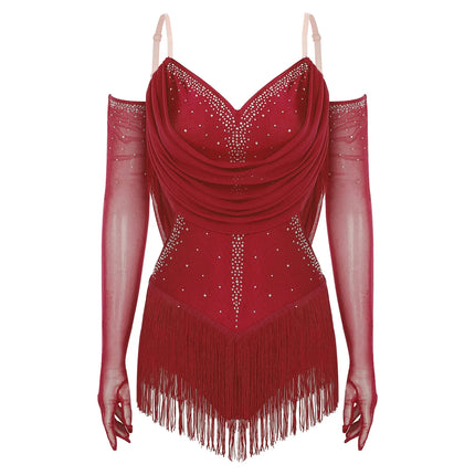 Sparkly Rhinestone & Tassel Fringe Dance Leotard with Gloves Two-Piece Stage Costume