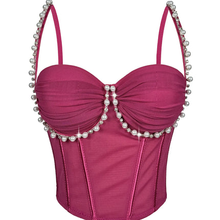 Pearl & Rhinestone Embroidered Bustier Corset Crop Top High Street Bralette