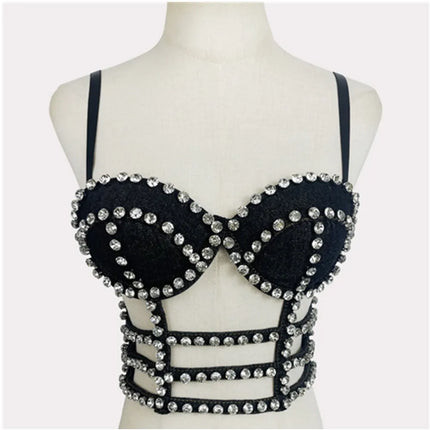 Studded Denim Bustier Crop Top Studded Punk Style Stage Costume Top