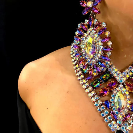 Exaggerated Rhinestone Statement Necklace Earrings Set