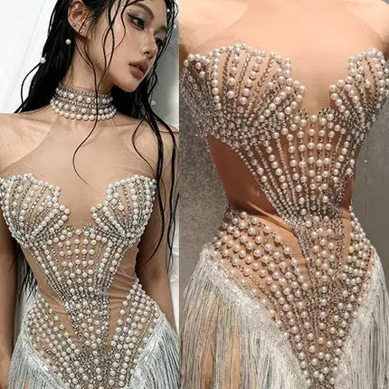 Sparkly Rhinestone, Pearl & Tassel Transparent Performance Dress Stage Costume