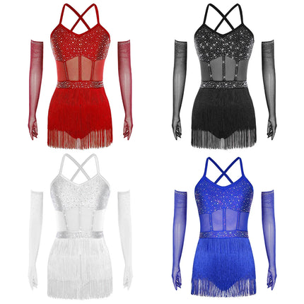 Rhinestone Latin Dance Dress, Mesh Tiered Tassel Bodysuit & Long Gloves Set