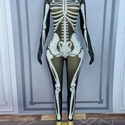 Rhinestone Skeleton Monster Cosplay Jumpsuit & Halloween Stage Dance Romper