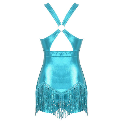 Sequined Fringe Cross-Front Latin Dance Leotard Costume Dress