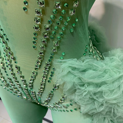 Luxury Green Diamonds Mesh See-Through Long Sleeve Jumpsuit Stage Performance Costume