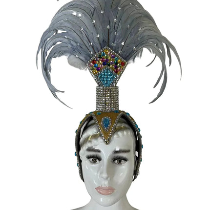 The Stardust Dionysia – Silver & Charcoal Feather Carnival & Masque Ball Headdress