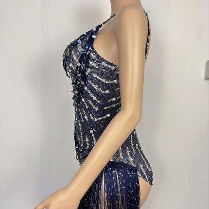 Sparkly Rhinestone Tassel Fringe Dance Leotard Nightclub Stage Performance Bodysuit