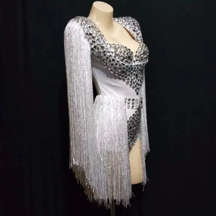 Sparkly Crystal Rhinestone & Tassel Fringe Bodysuit Costume Set with Bra & Belt