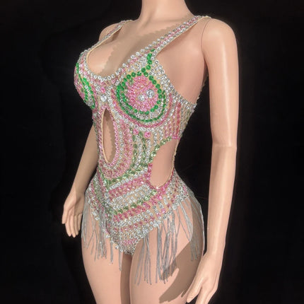 Sparkly Silver Rhinestone Tassel High-Cut Stage Bodysuit Dance Performance Leotard