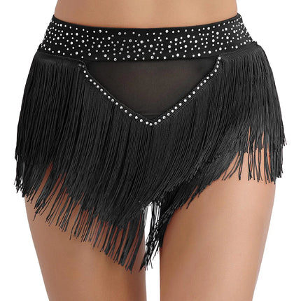 Rhinestone Tassel High-Waist Dance Shorts & Sheer Mesh Fringe Skirt