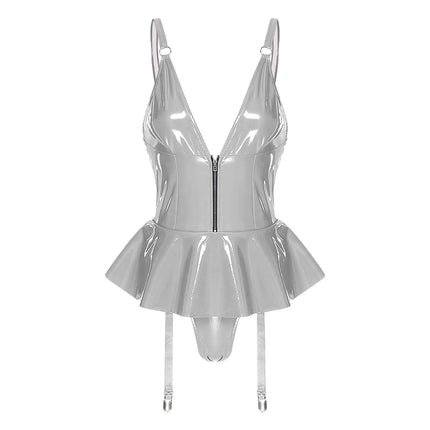Glossy Wet-Look Halter Romper Bodysuit with Flared Skirt Hem & Integrated Garters