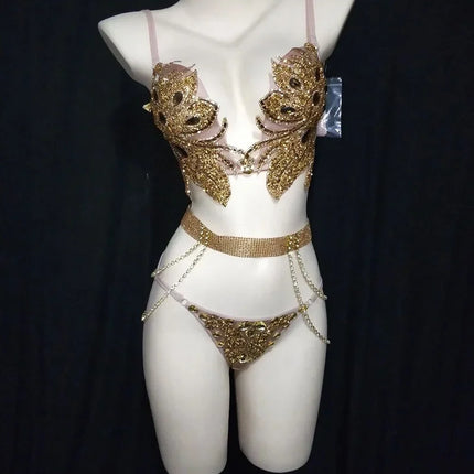 Sparkly Crystal Rhinestone Diamond Bra & Bikini Set Stage Costume
