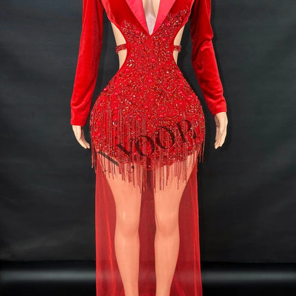 Sparkly Red Rhinestone Sheer Mesh Long Evening Gown Stage Performance Costume
