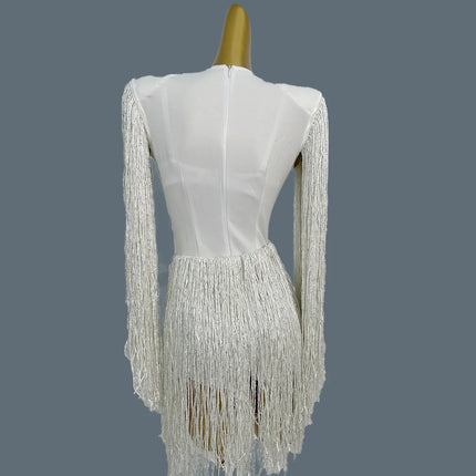 The Stardust Cascade Fringe Bodysuit – Luxury Rhinestone Long-Sleeve Showgirl Costume