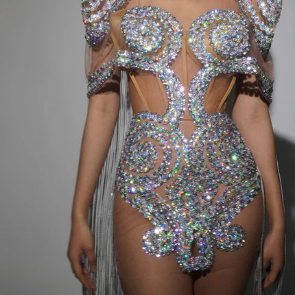Sparkly Silver Rhinestone Sheer Cape Dress Stage Costume