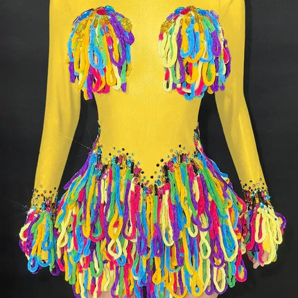 Rainbow Crystal Rhinestone Bodysuit Cascading Fringe Tassel Long-Sleeve Stage Costume