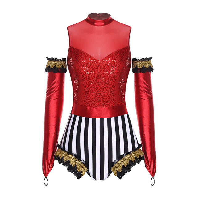 Circus Ringmaster Sequin Striped Bodysuit & Metallic Gloves 2-Piece Stage Costume Set