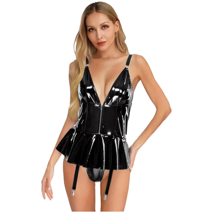 Glossy Wet-Look Halter Romper Bodysuit with Flared Skirt Hem & Integrated Garters