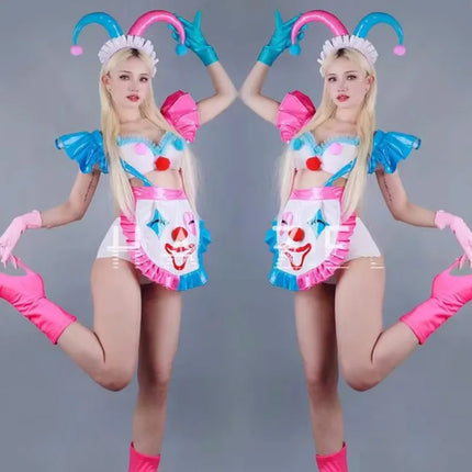 Halloween Clown Cosplay Costume Women Bar Role Playing Stage Performance Clothes Pink Blue Tops Shorts Dance Outfit