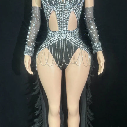 Sparkly Rhinestone & Feather Long Tail Bodysuit Set Stage Costume