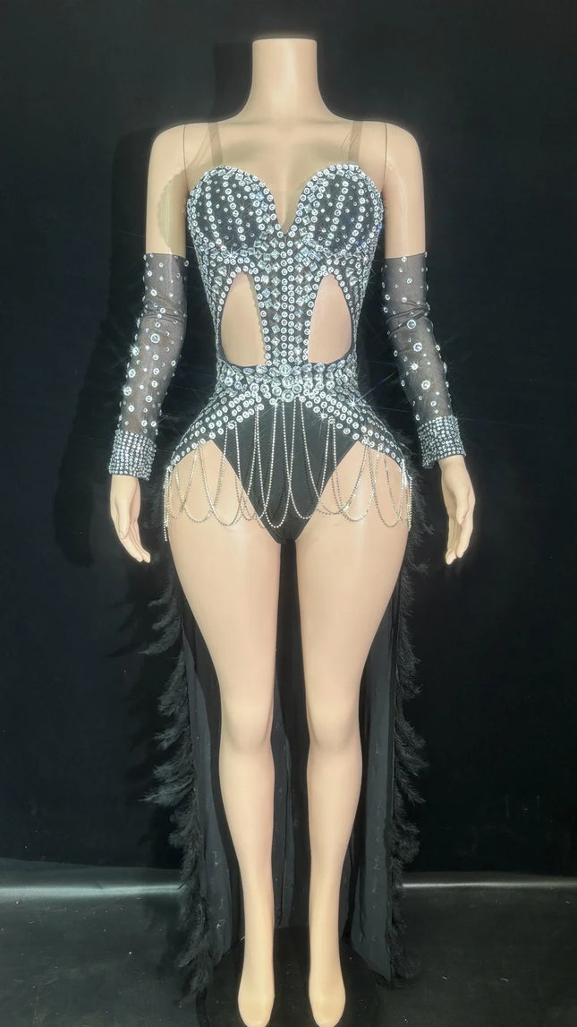 Sparkly Rhinestone & Feather Long Tail Bodysuit Set Stage Costume