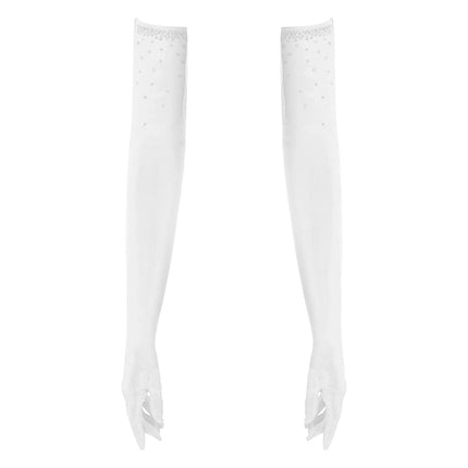 Rhinestone Latin Dance Dress, Mesh Tiered Tassel Bodysuit & Long Gloves Set