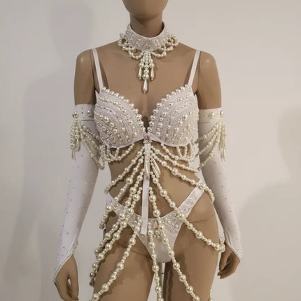 The Stardust Chandelier Pearl Bodysuit – Luxury Rhinestone Illusion Showgirl Costume