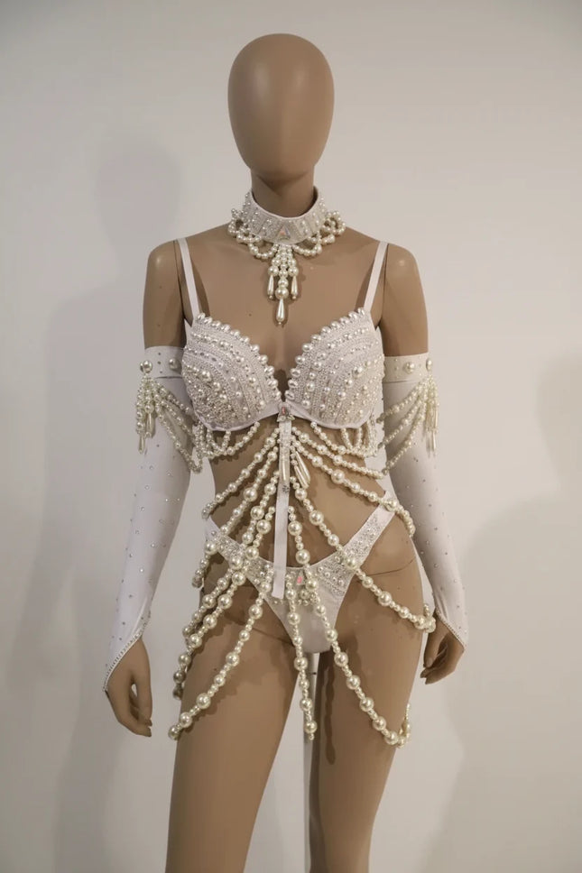The Stardust Chandelier Pearl Bodysuit – Luxury Rhinestone Illusion Showgirl Costume