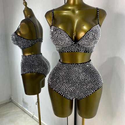 Rhinestone Bustier, High-Waist Mini Shorts & Cropped Jacket 3-Piece Performance Costume Set