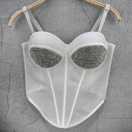 Rhinestone Mesh Denim Bustier Corset Crop Top Push-Up Party Bralette