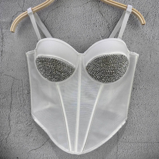Rhinestone Mesh Denim Bustier Corset Crop Top Push-Up Party Bralette