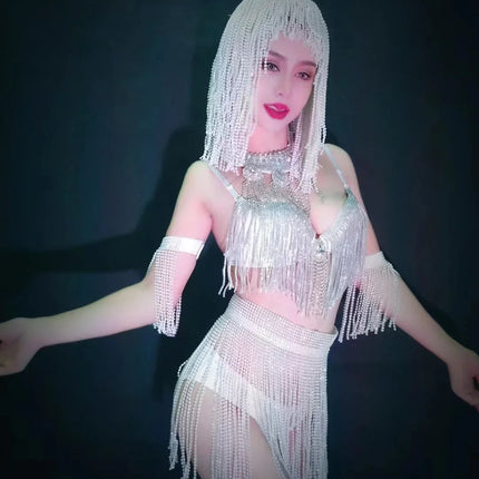 Luxury Crystal Tassel Bikini & Wig Performance Set – Premium Showgirl Stage Costume for GoGo Dancers, Nightclub DJs & Rave Outfits