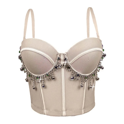 Mesh Bustier Corset Crop Top Diamond Embroidery Tassel Evening Party Bralette