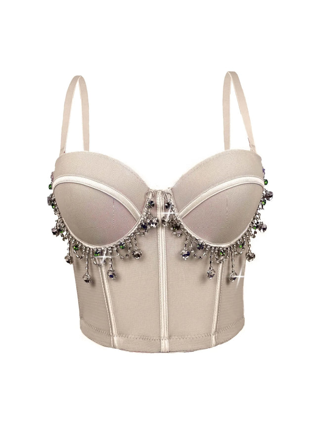 Mesh Bustier Corset Crop Top Diamond Embroidery Tassel Evening Party Bralette