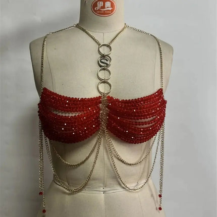 Baroque-Style Multi-Layer Beaded Body Chain Fringe Halter Necklace Openwork Top